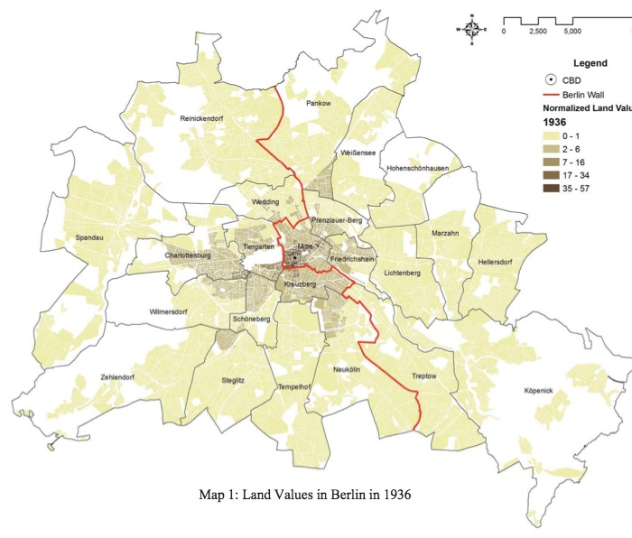 Land values in Berlin for 1936, prior to the division of the country and the construction of the Berlin Wall (represented in red).